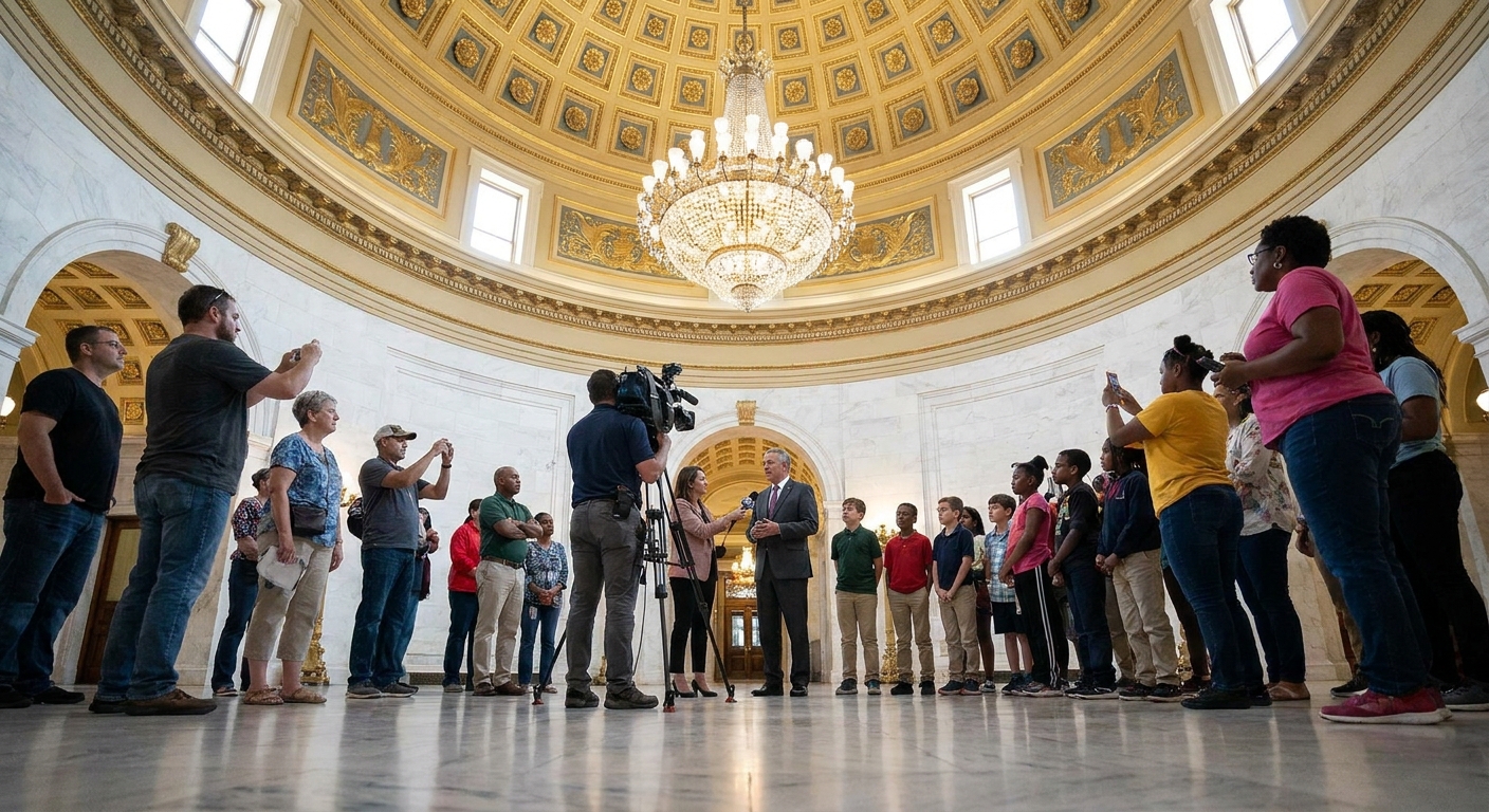 Inside the West Virginia State Capitol rotunda, with visitors standing beneath the dome, news photography style