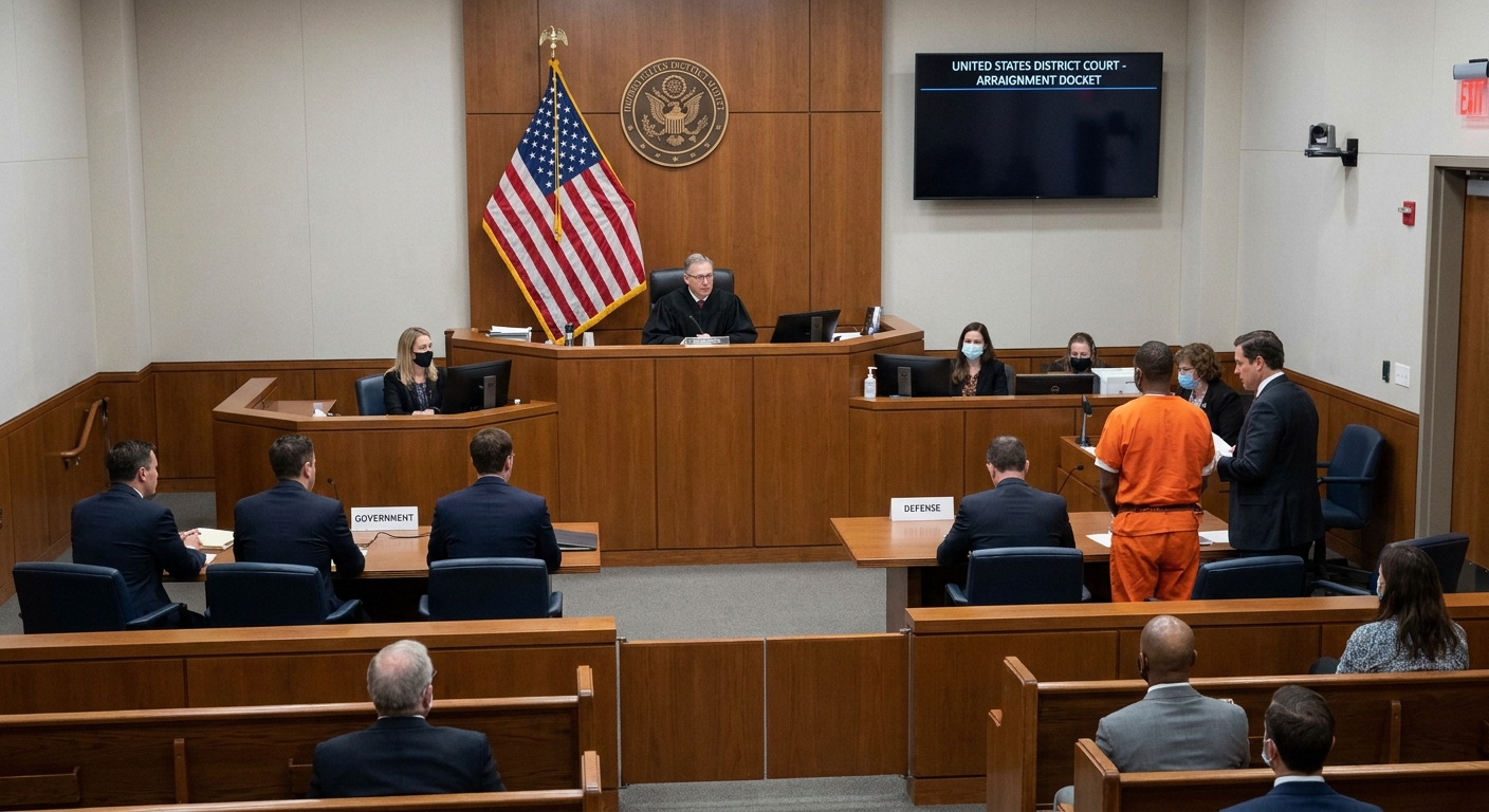 Interior of a federal district courtroom during an arraignment, with a U.S. flag behind the judge and attorneys seated at separate tables, realistic news photo