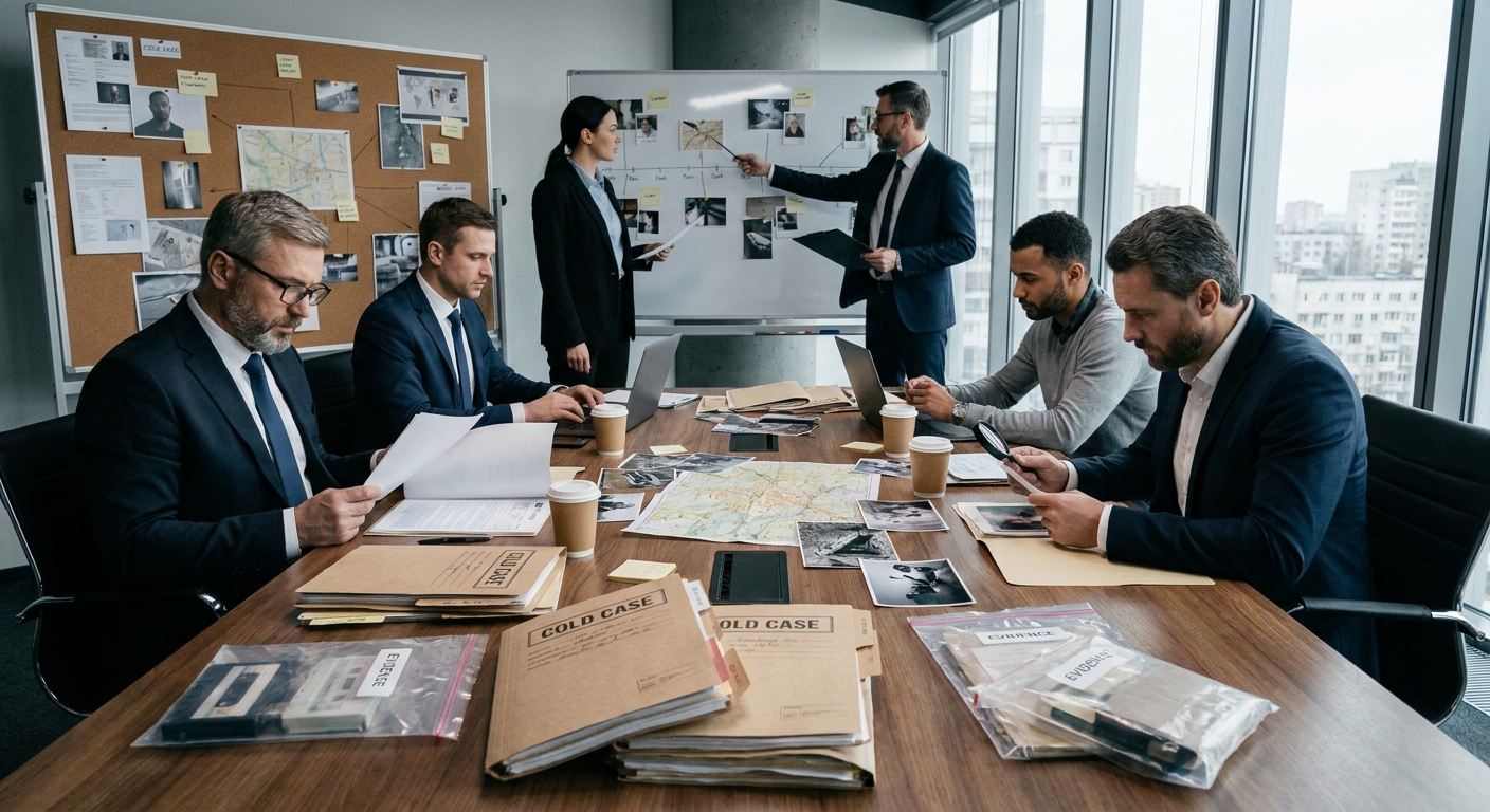Investigators reviewing case files and evidence folders at a conference table