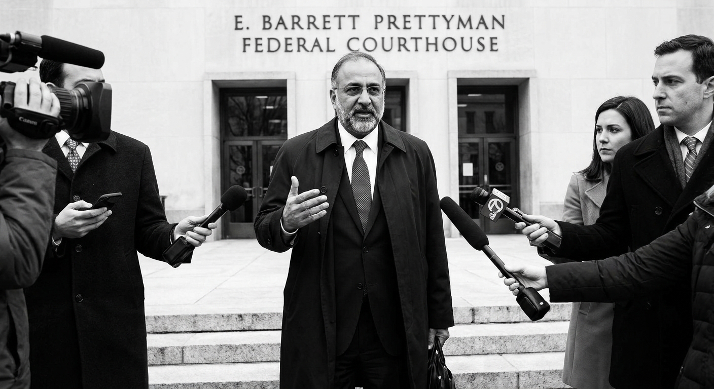 Jagadish Rai Chadha standing outside a federal courthouse in Washington, D.C., wearing a suit, photographed in a candid news style