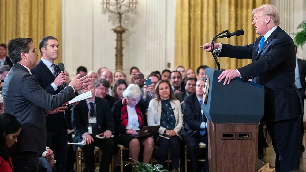 Jim Acosta speaking to reporters outside the White House during the period of the 2018 press-pass dispute