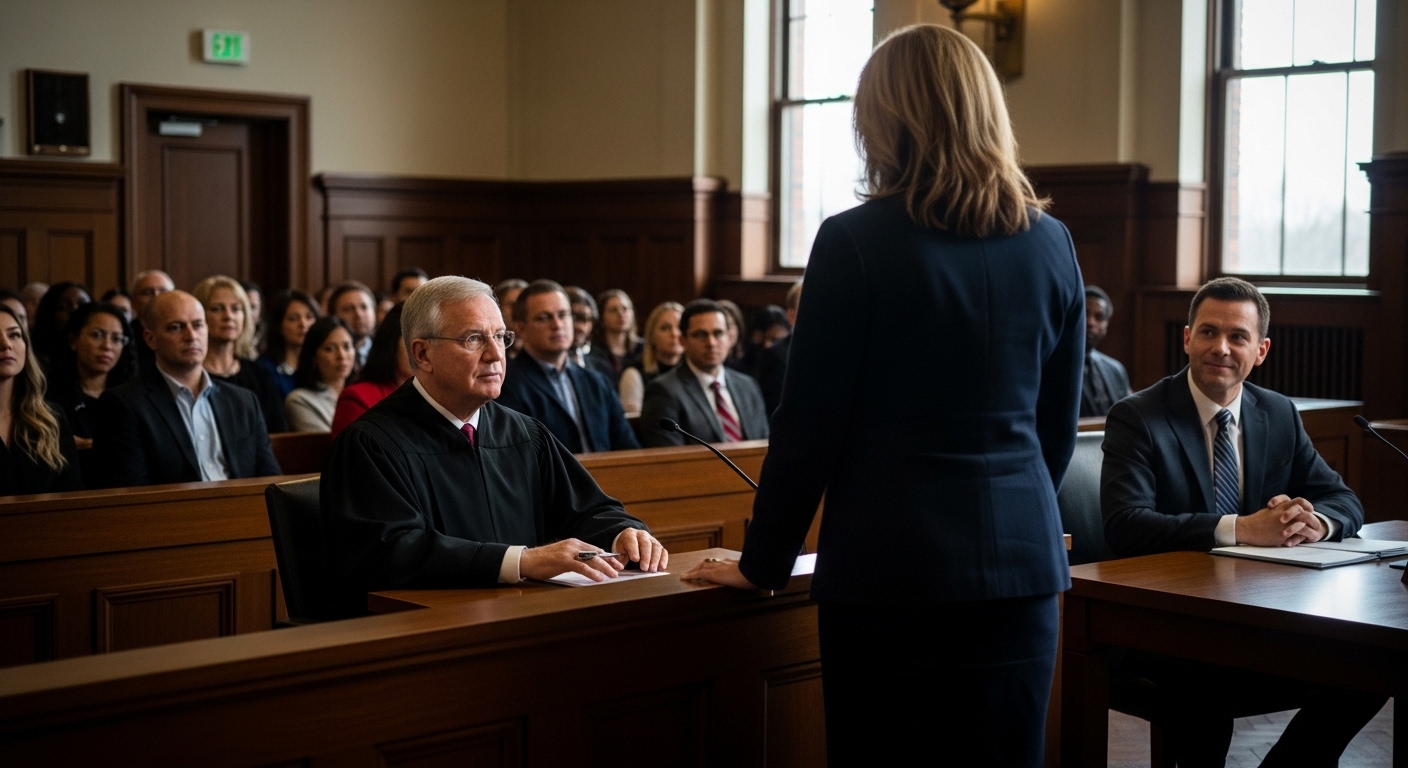 Jurors walking in a courthouse hallway escorted by a bailiff as they return to the courtroom, news photography style