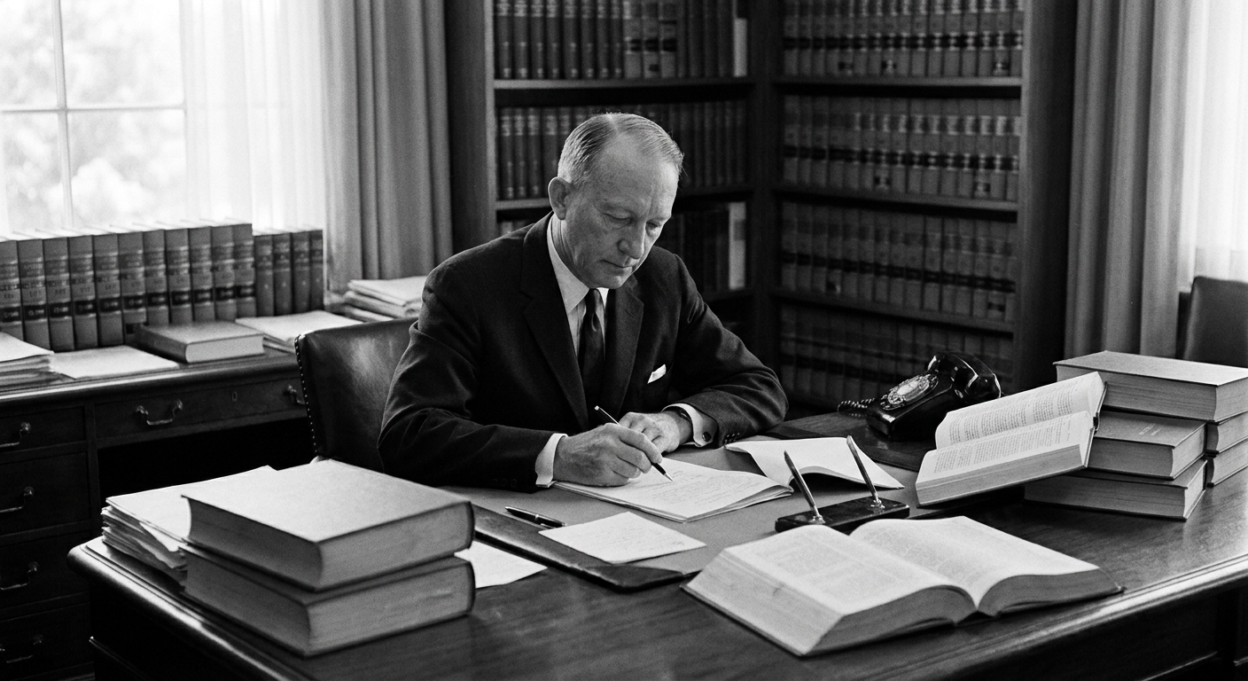 Justice Hugo Black seated at a desk in chambers with legal papers and books visible, realistic mid-century documentary photography style