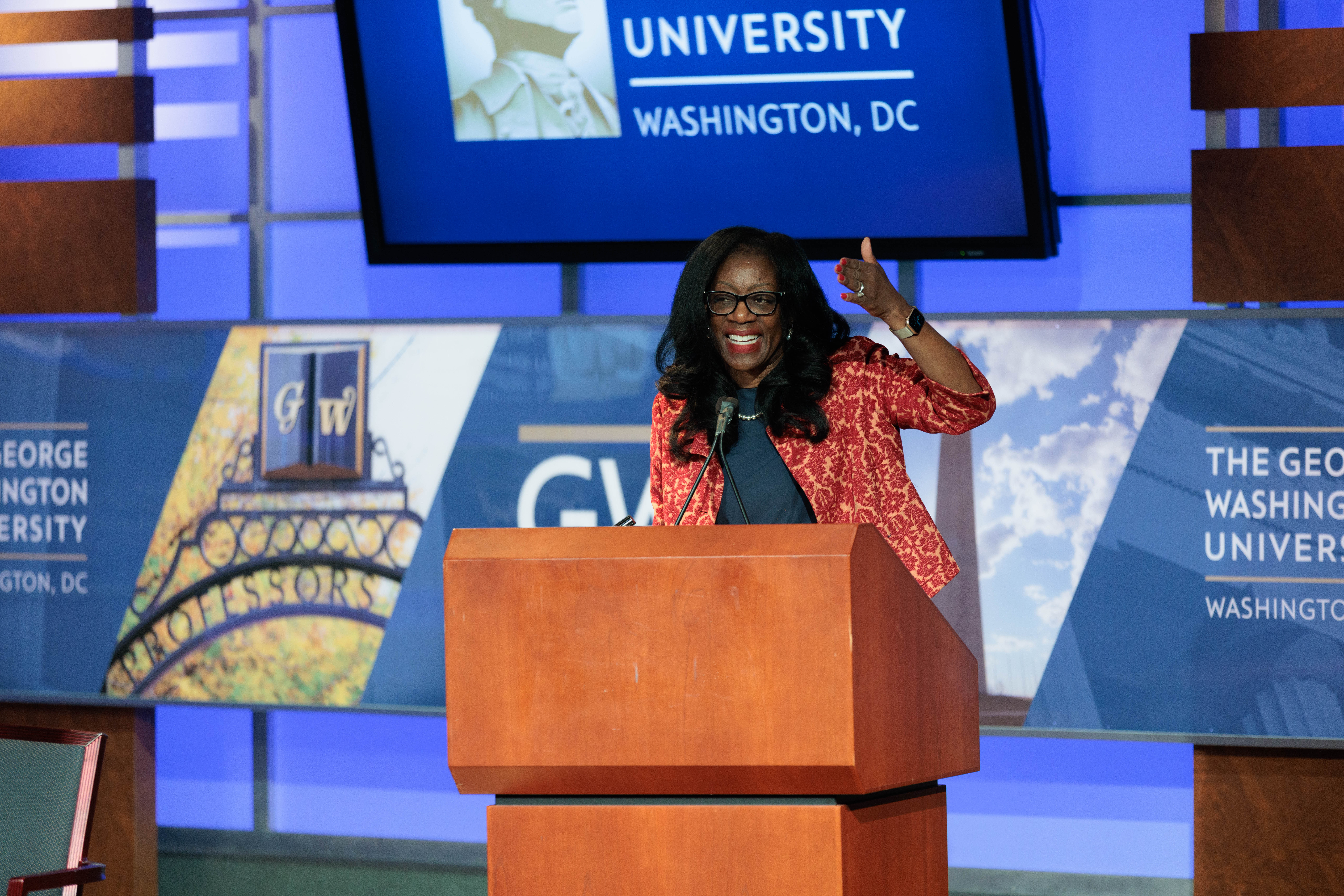 Justice Ketanji Brown Jackson speaking at the University of the District of Columbia in Washington, D.C., standing at a lectern during a public talk