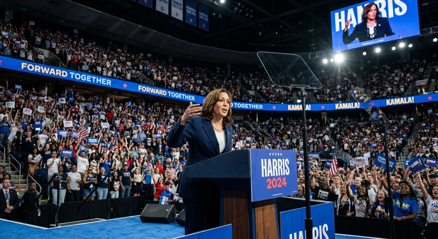 Kamala Harris speaking at a 2024 campaign rally in a large indoor venue, standing at a podium with supporters behind her, news photography style