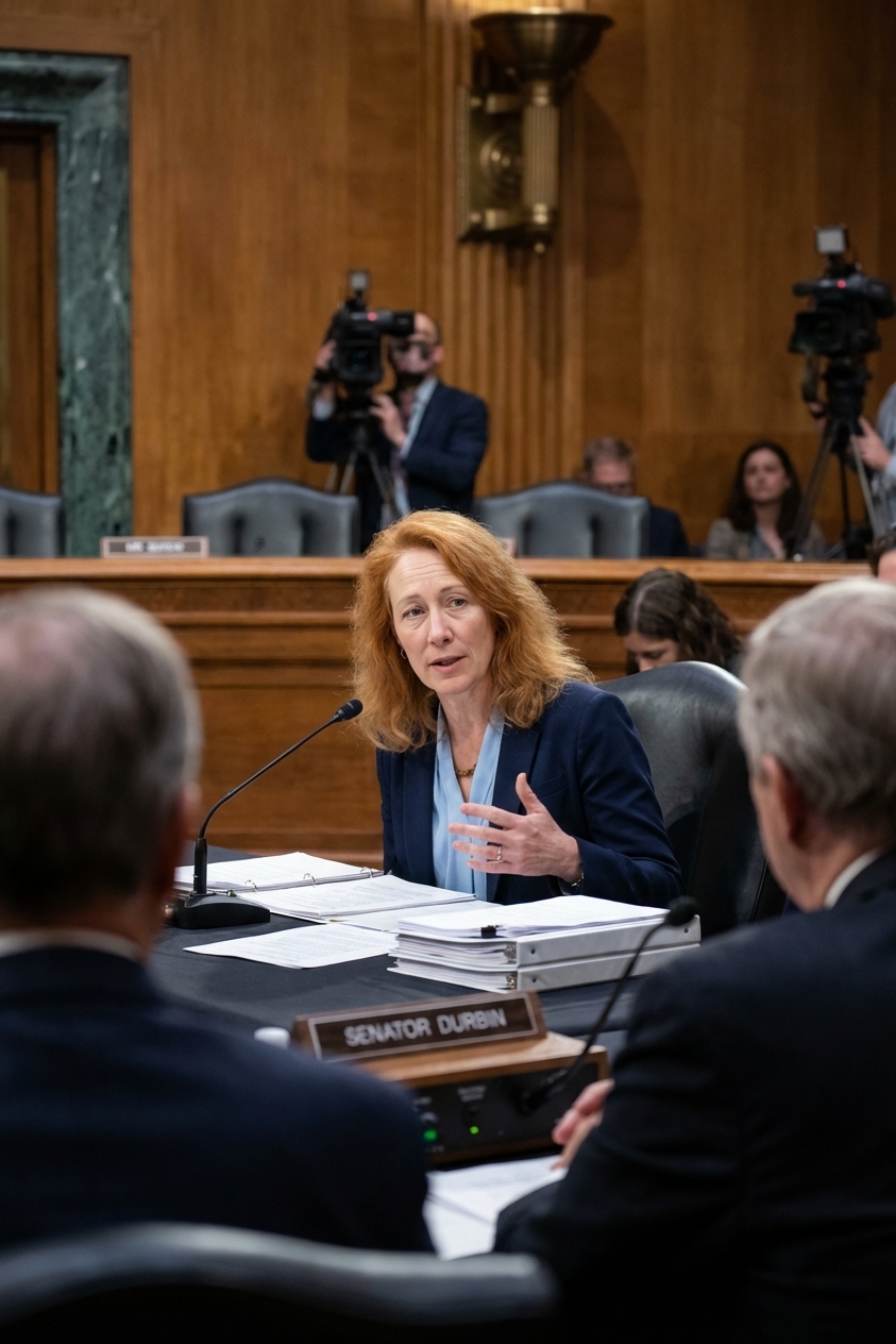 Ketanji Brown Jackson testifying during the 2022 Senate Judiciary Committee hearing, seated with a microphone and documents on the table, senators in the foreground, news photography style