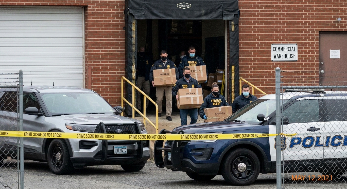 Law enforcement agents carrying sealed evidence boxes out of a commercial warehouse in May 2021 during a seizure operation, realistic news photo