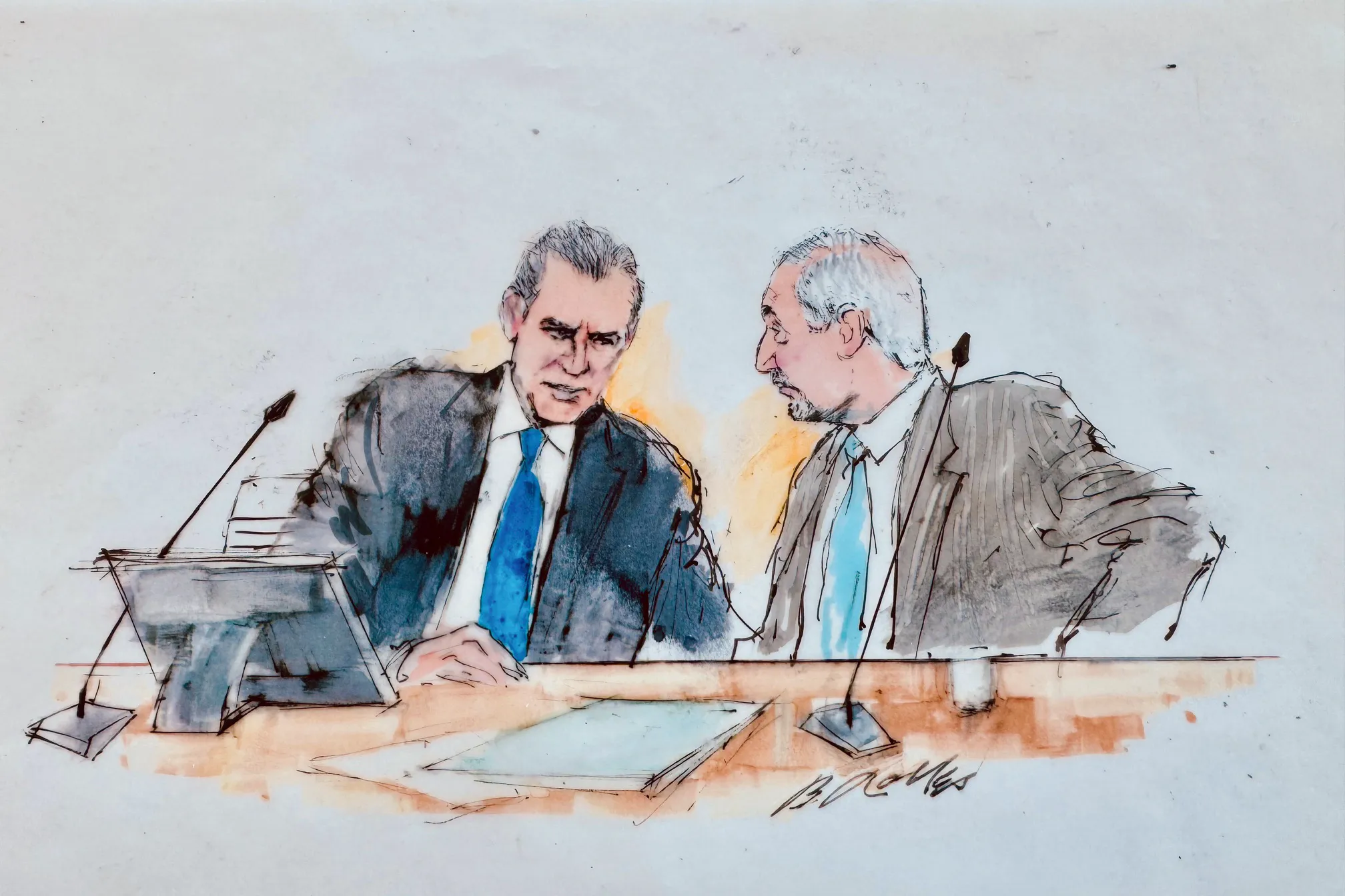 Luigi Mangione in a courtroom during a guilty plea proceeding, standing near counsel.