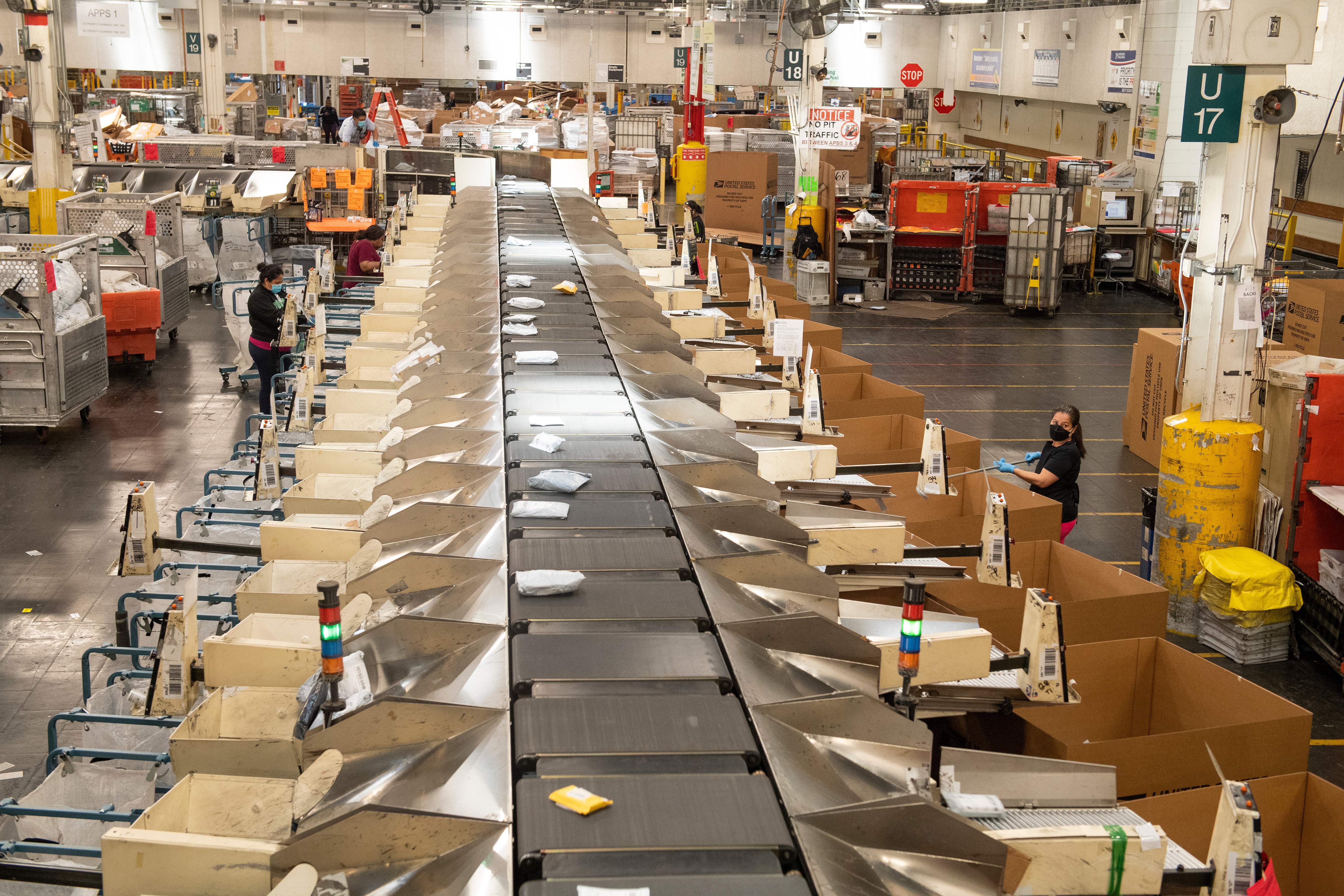 Mail being processed at a U.S. Postal Service sorting facility