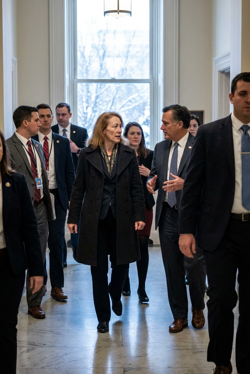 Members of Congress walking through the U.S. Capitol during a winter legislative session, with staffers and security visible in the background, news photography style