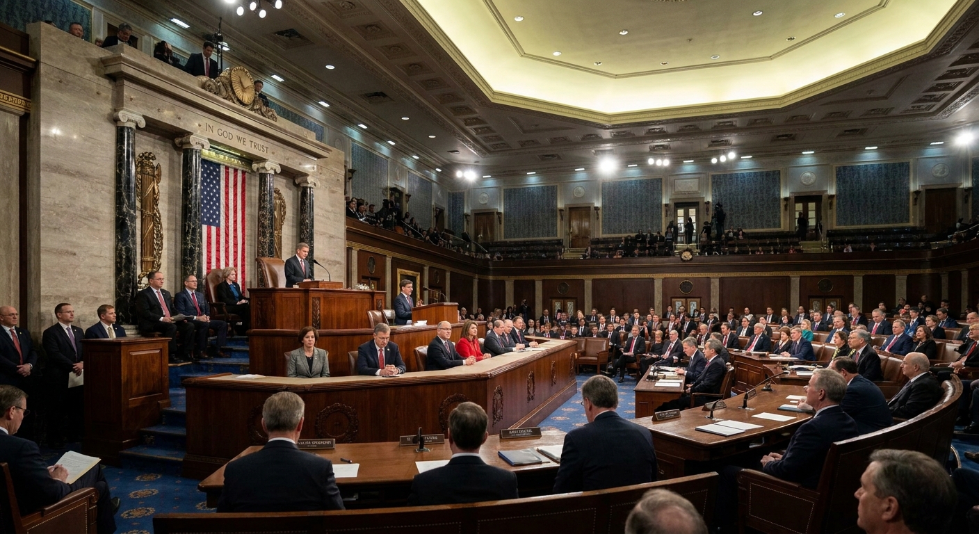 Members of the U.S. House of Representatives seated in the House chamber during a session with the dais visible, realistic news photography style