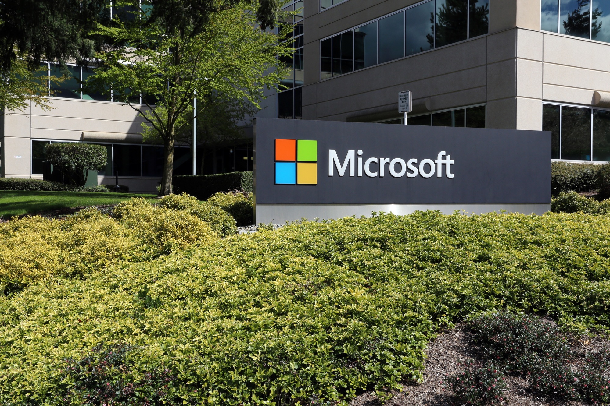Microsoft’s headquarters campus sign in Redmond, Washington.