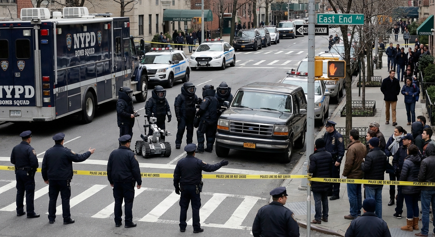 NYPD bomb squad examining a black vehicle parked along East End Avenue as officers keep pedestrians at a distance