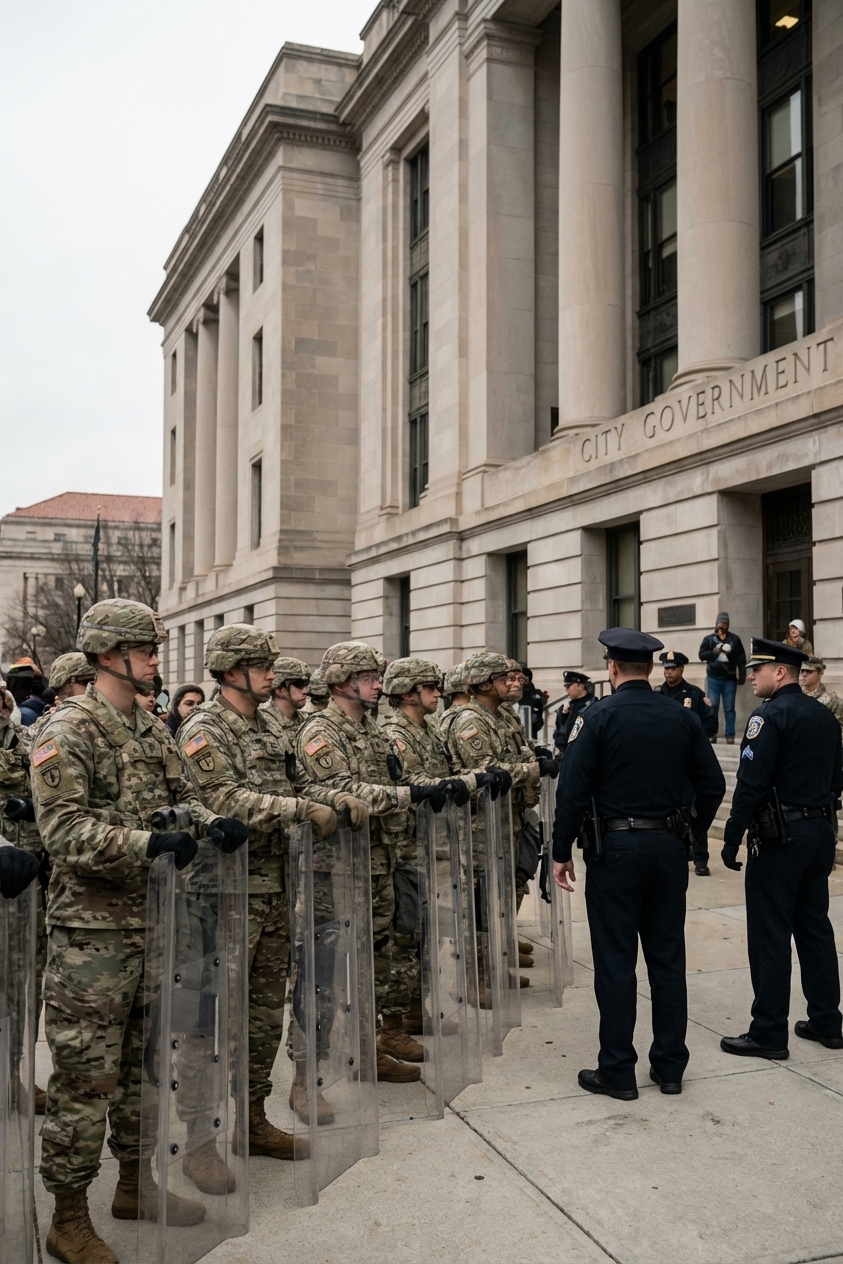 National Guard troops in uniform standing behind plastic shields near a city government building with police officers nearby, tense but orderly scene, photorealistic news photography