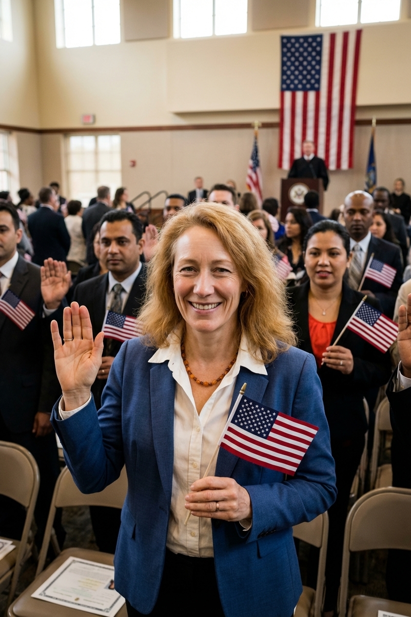 Newly naturalized citizens holding small American flags during a naturalization oath ceremony in a large hall, candid documentary photograph