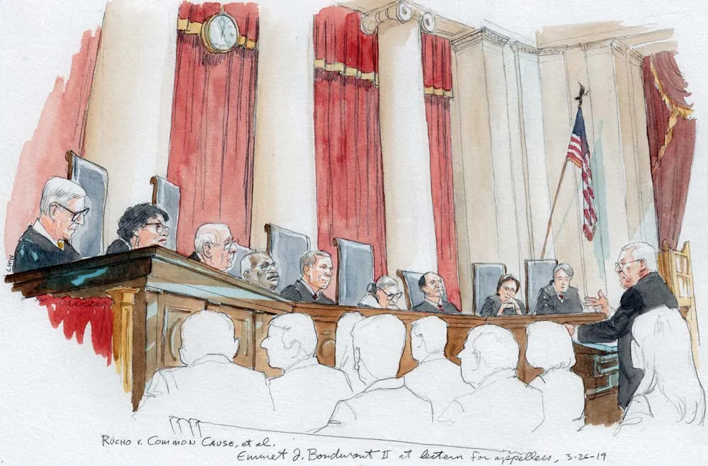 News photographers outside the United States Supreme Court building in Washington, DC in June 2019, with people gathered on the steps after a major redistricting decision, realistic photojournalism style