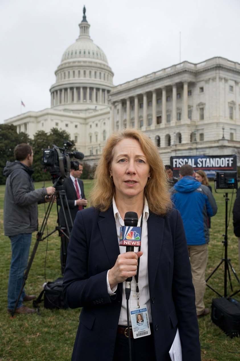 News-style photograph of the United States Capitol in Washington, DC on an overcast day, with reporters and television cameras set up on the lawn during a high-profile fiscal standoff