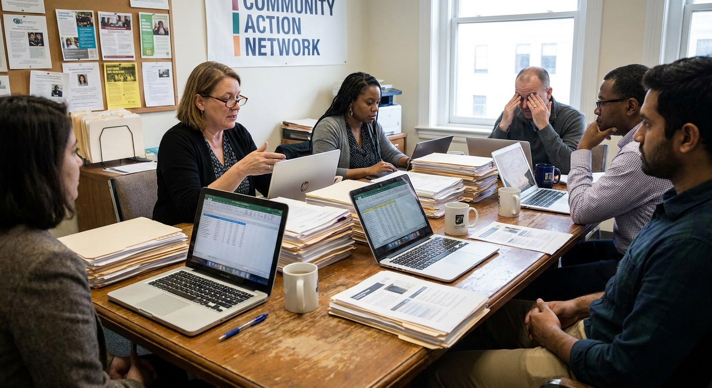 Office staff at a nonprofit workspace reviewing stacks of paperwork and laptop spreadsheets at a conference table, news photography style