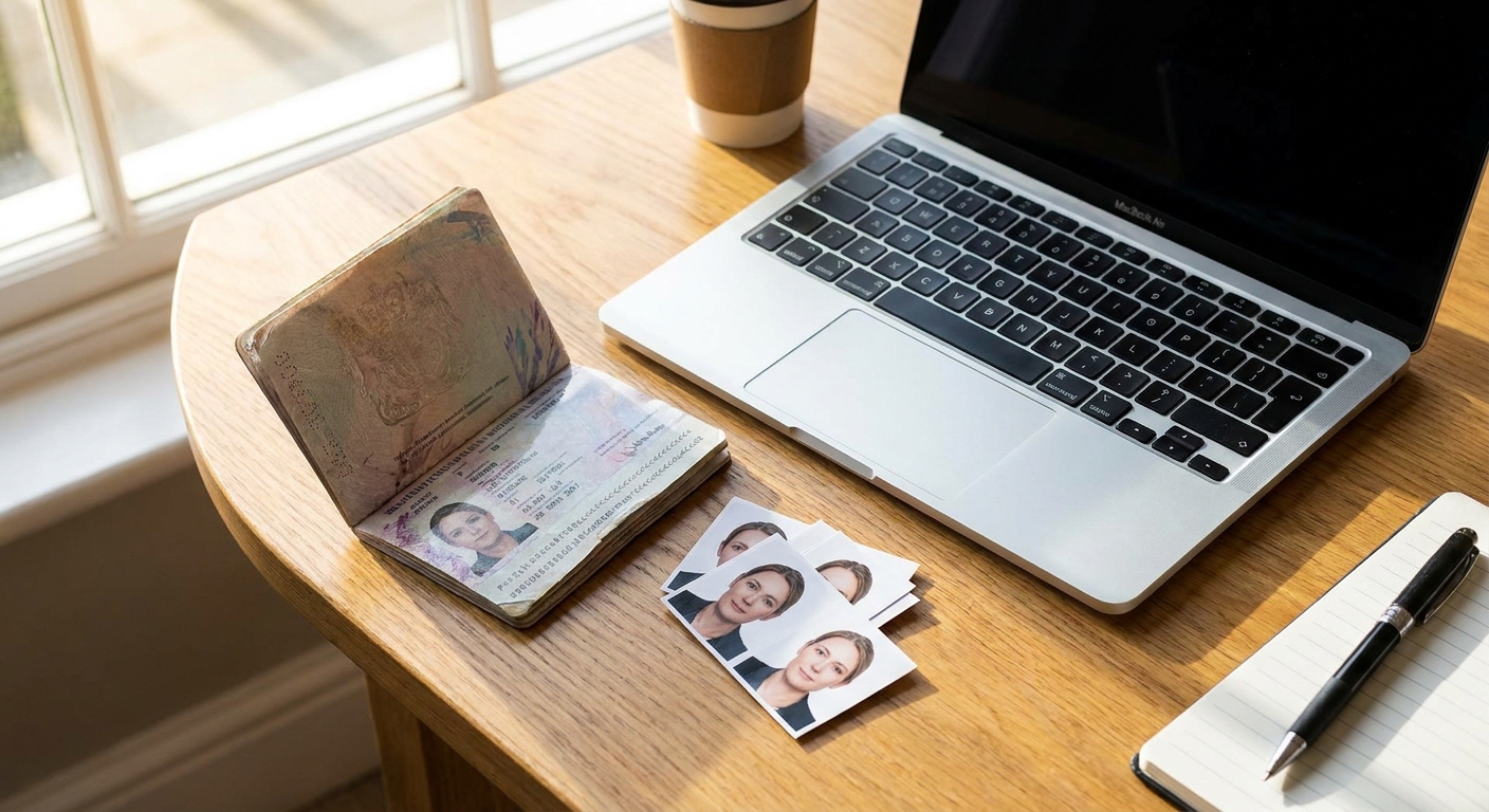 Passport and a small set of passport photos on a table next to a laptop