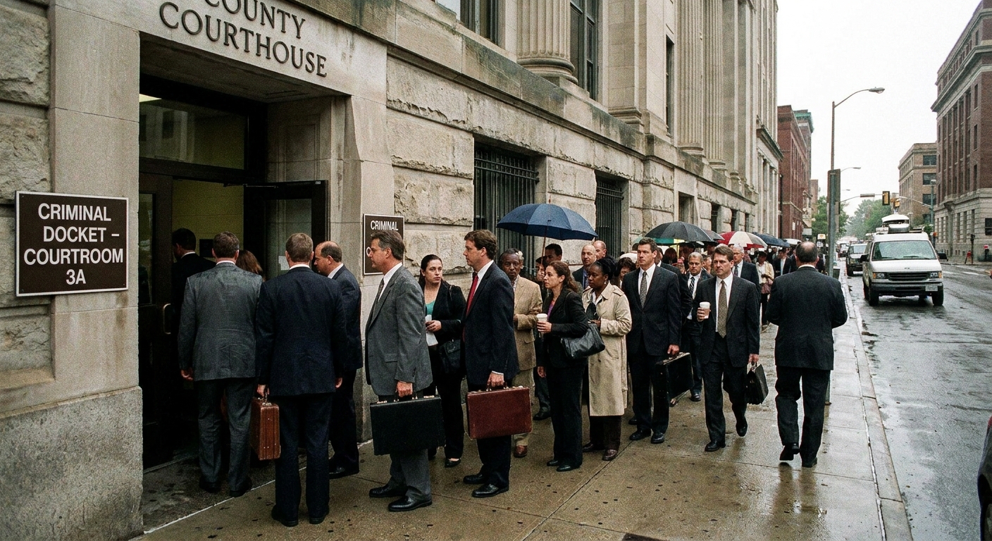 People entering a busy county courthouse entrance in the morning for criminal docket hearings, real-world news photography style