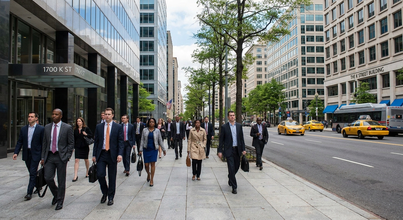 People in business attire walking along K Street in Washington, D.C., near office buildings