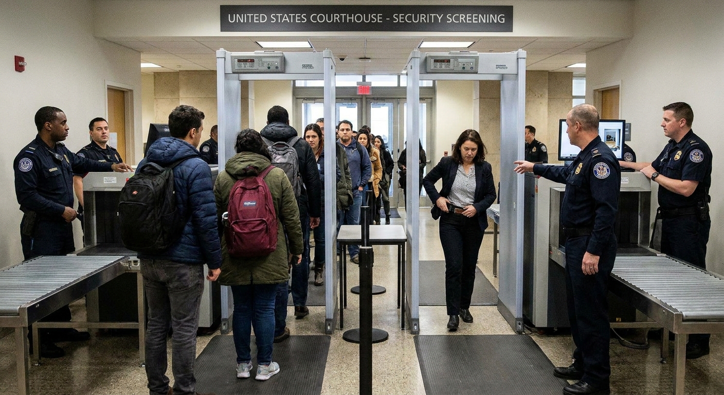 People passing through security screening at the entrance of a federal courthouse, with officers and metal detectors visible, documentary news photo style