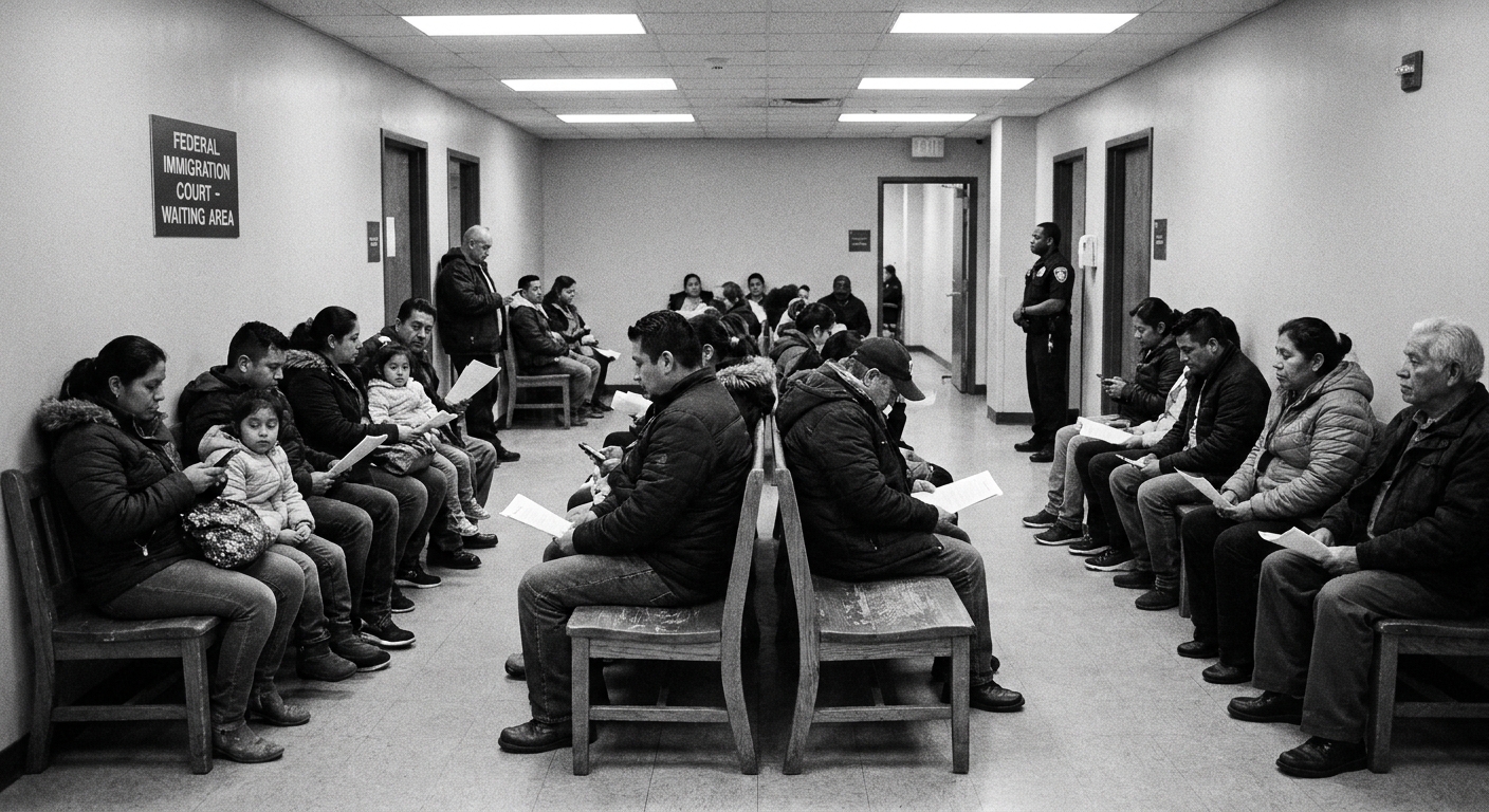 People sitting on benches in a federal immigration court hallway waiting area, candid news photography style