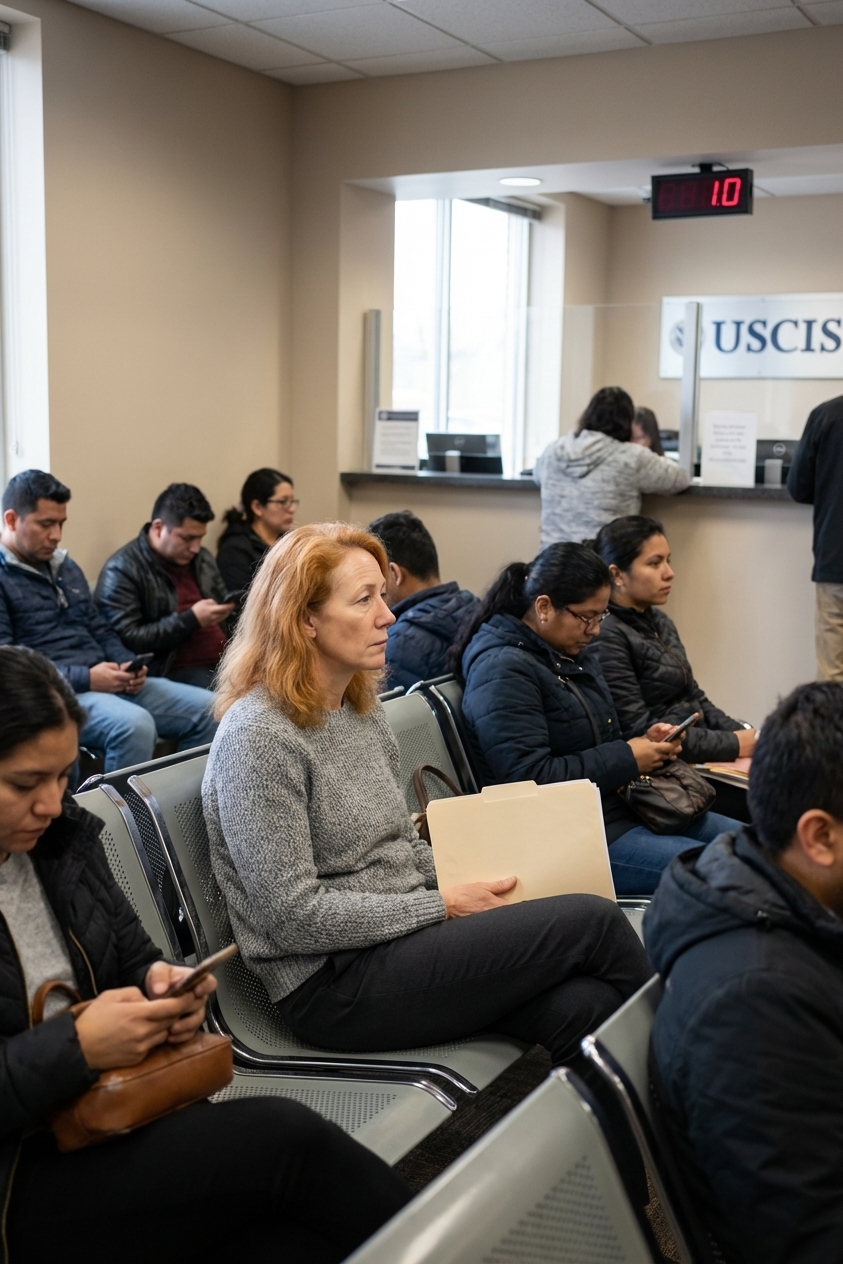 People waiting in a USCIS office lobby with neutral walls and a service counter in the background, candid documentary photography