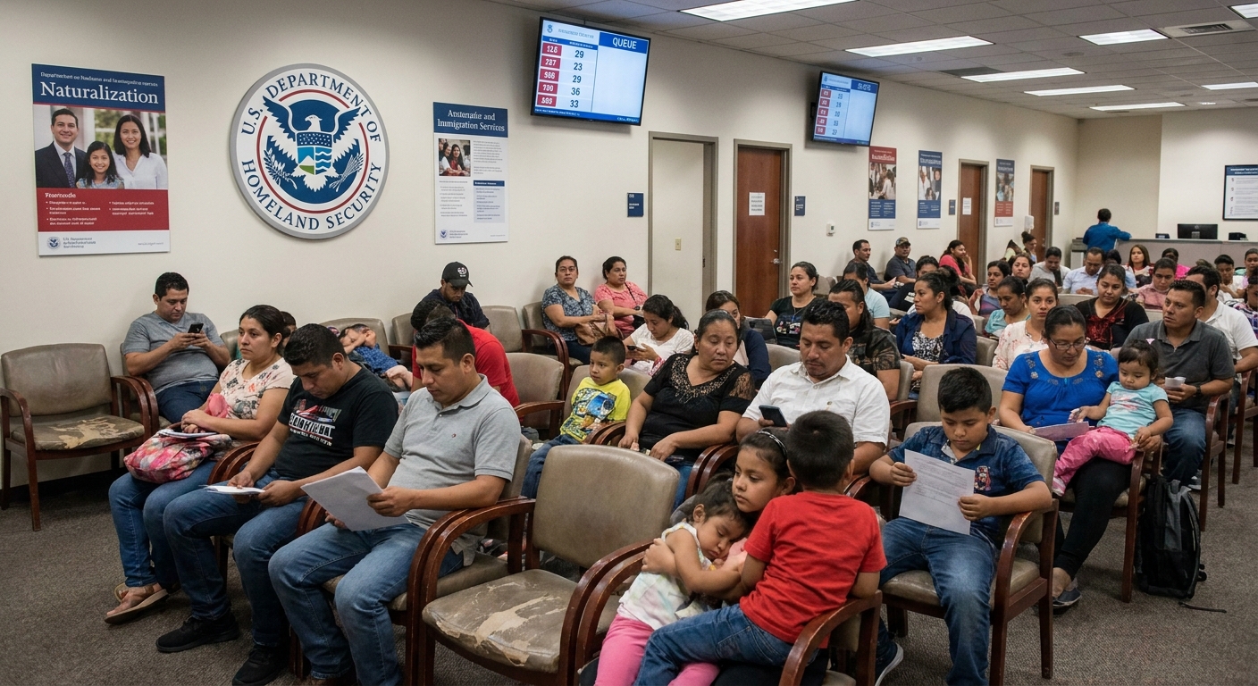 People waiting in a USCIS office lobby