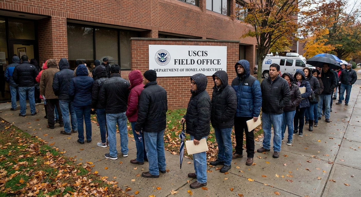 People waiting in a line outside a USCIS field office in the United States on an autumn day, candid news photography style