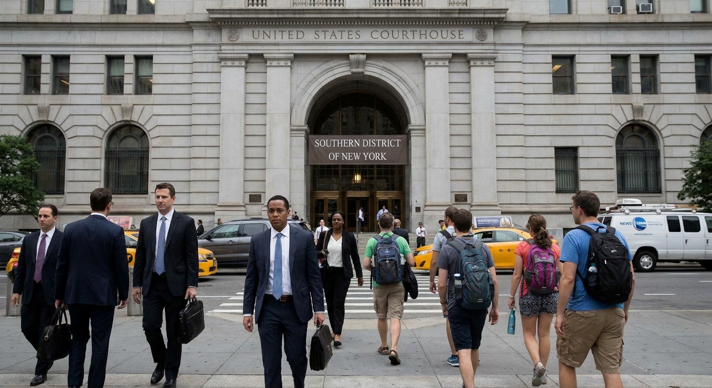 People walking past the entrance of a large federal courthouse building in Manhattan, New York, daytime, news photography style