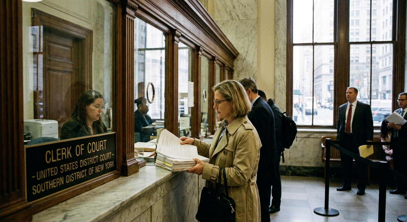 Person filing legal documents at a federal courthouse clerk window
