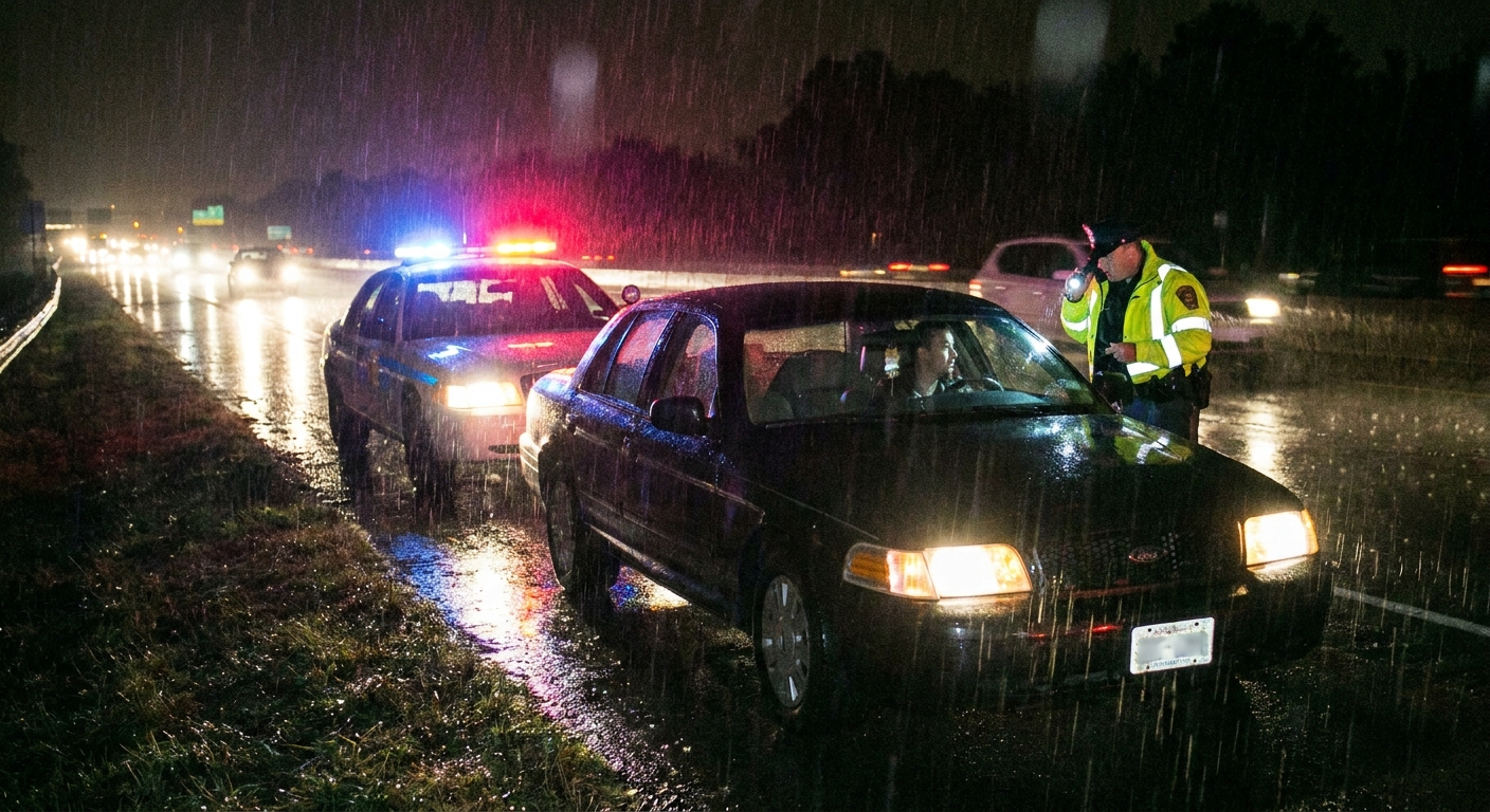 Photograph at night on a highway shoulder showing a patrol car with lights on behind a stopped sedan, with an officer standing near the driver window