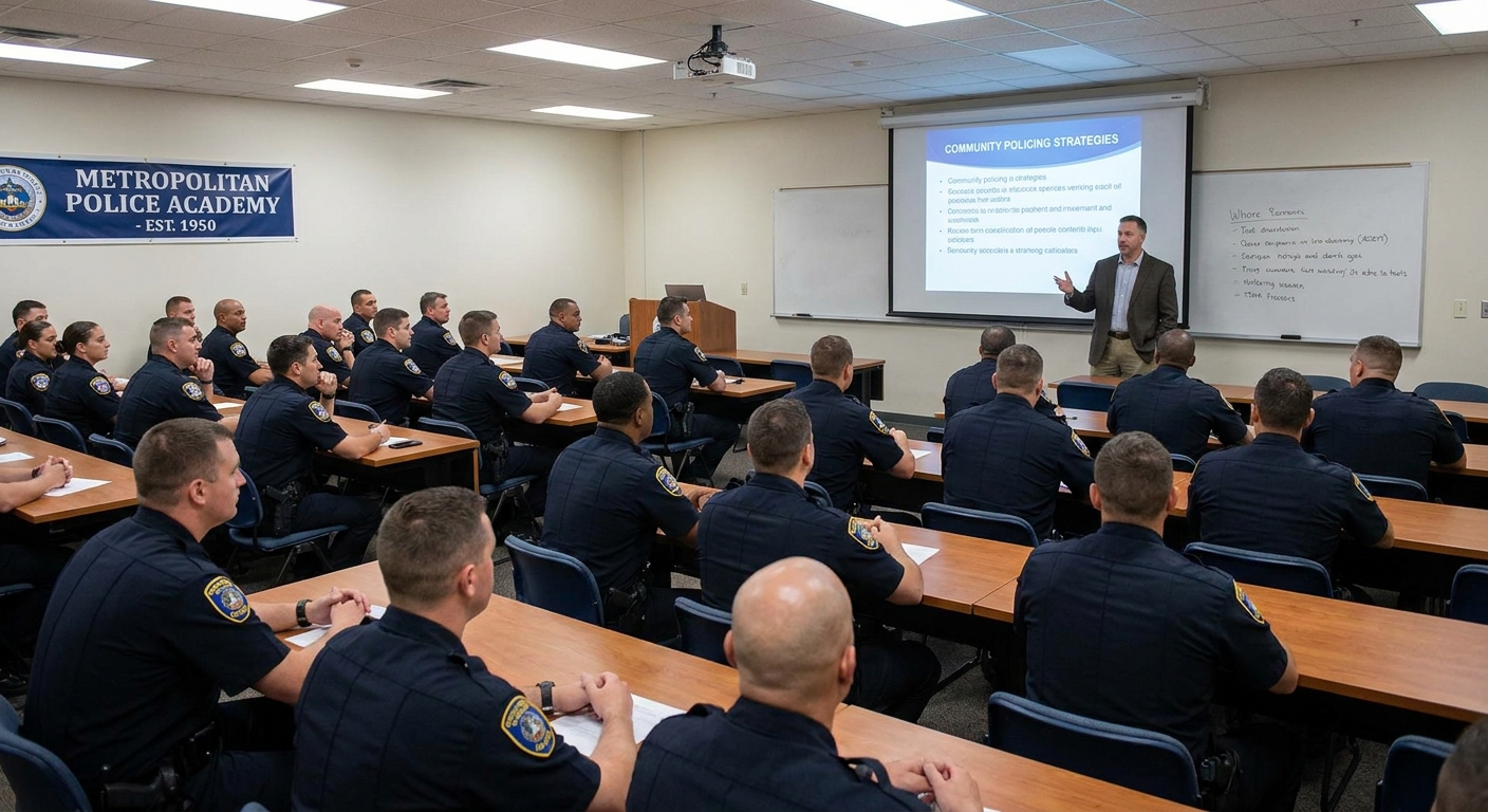 Police officers in uniform seated in a training academy classroom while an instructor speaks at the front, photographed in a realistic documentary style