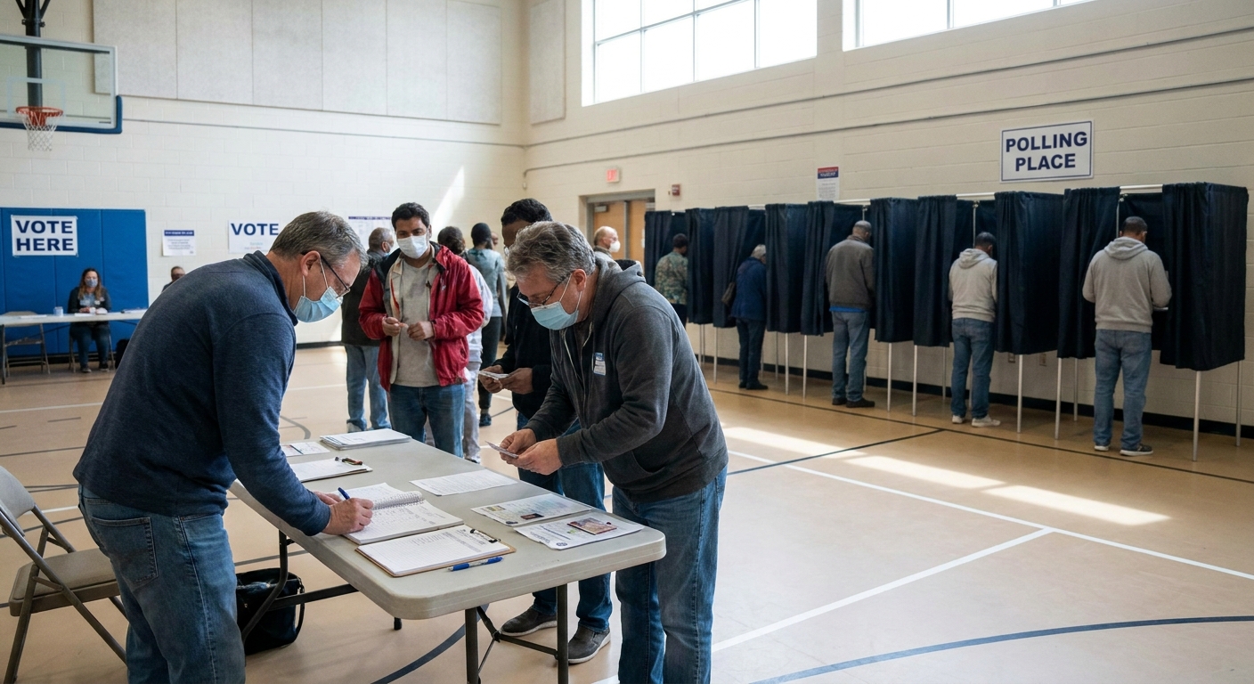 Poll workers checking in voters at a polling place table with privacy booths visible in the background, realistic news photography style