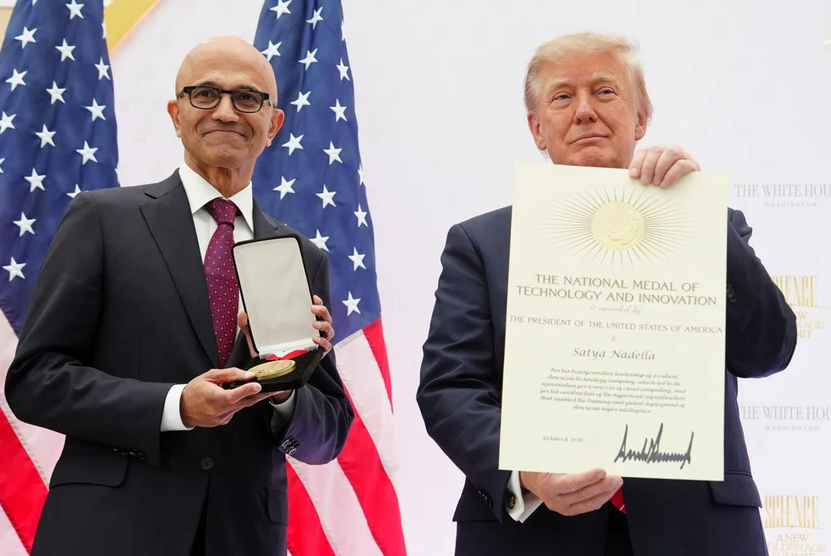 President Donald Trump and Microsoft CEO Satya Nadella at a White House event tied to the National Medal of Technology and Innovation.