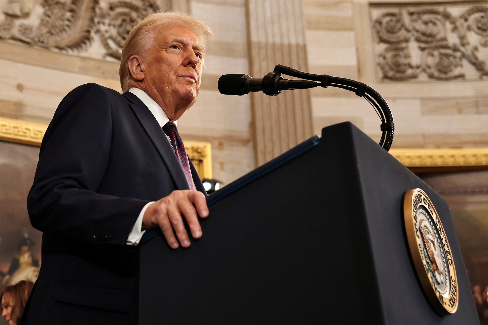 President Donald Trump delivering remarks at his 2025 inauguration ceremony