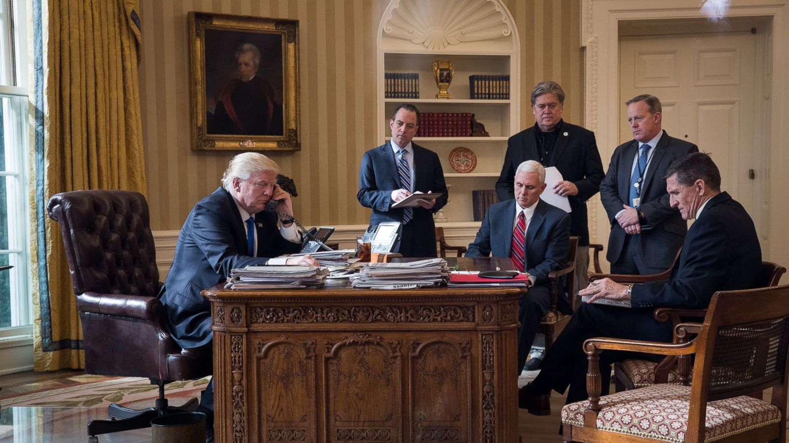 President Donald Trump seated at the Resolute Desk in the Oval Office during a formal meeting