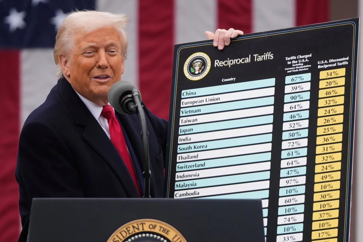 President Donald Trump speaking at a podium in an indoor setting, captured in a candid news photograph style