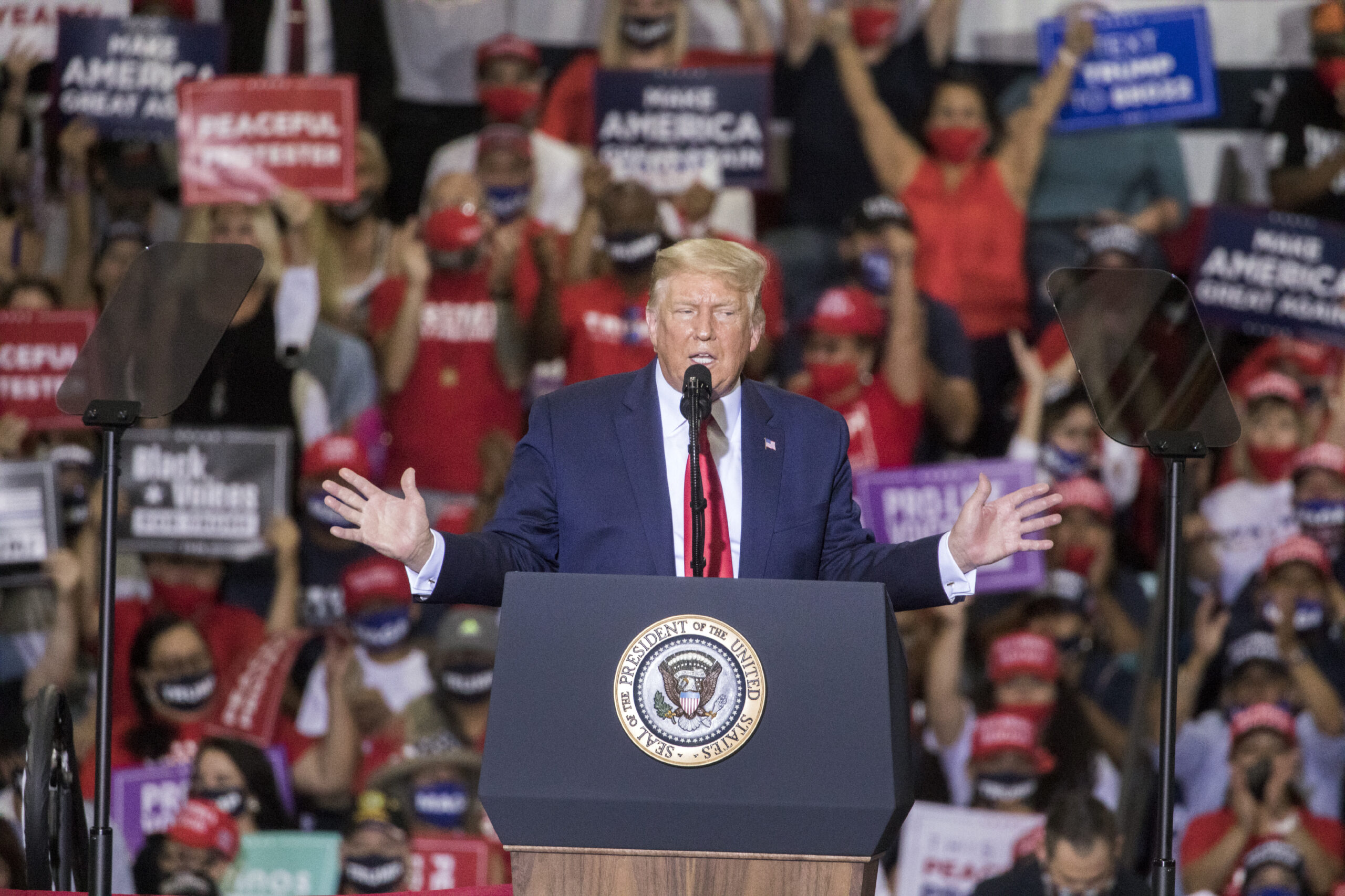 President Donald Trump speaking in the White House Rose Garden during an event for first responders