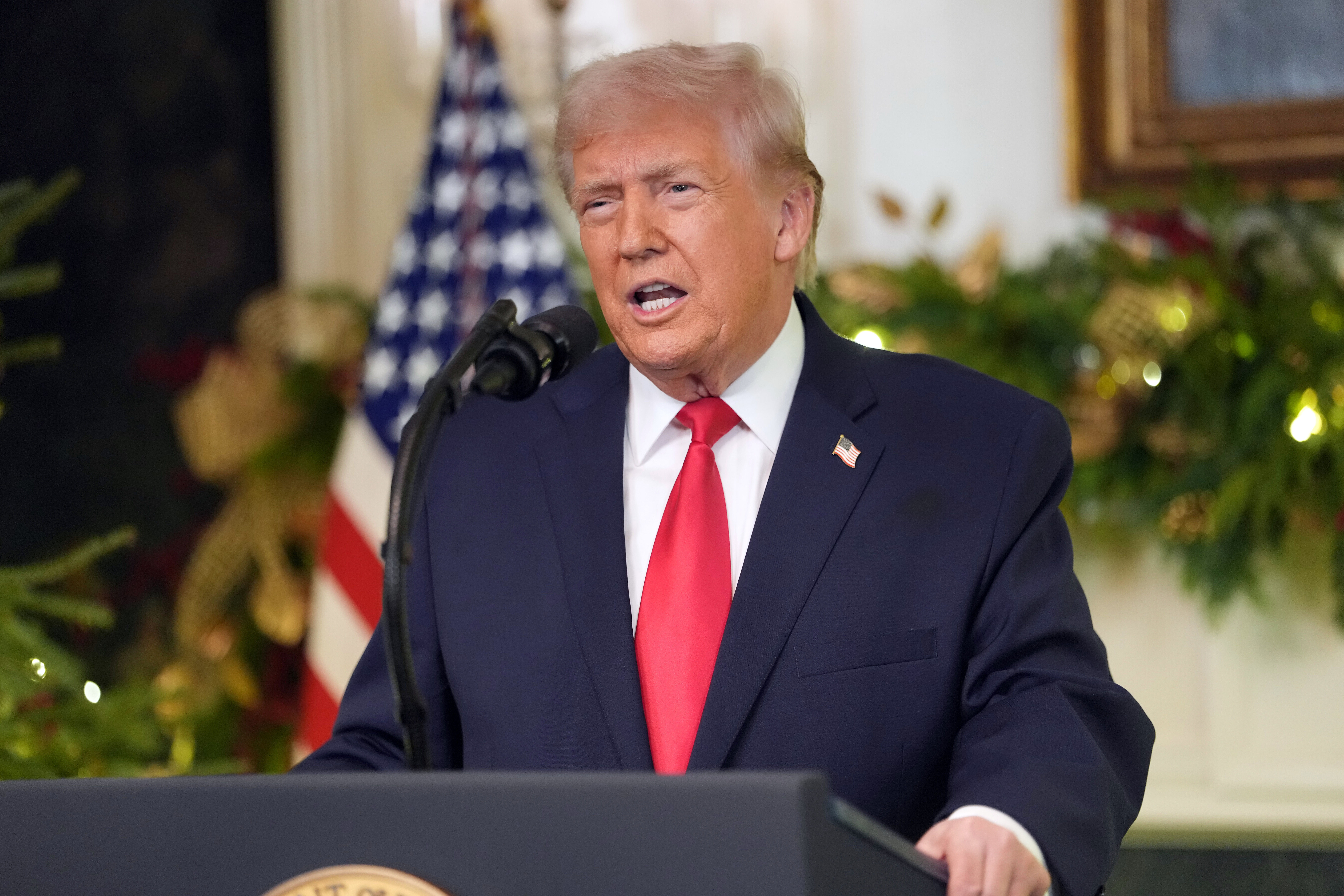 President Donald Trump speaks during a public appearance.