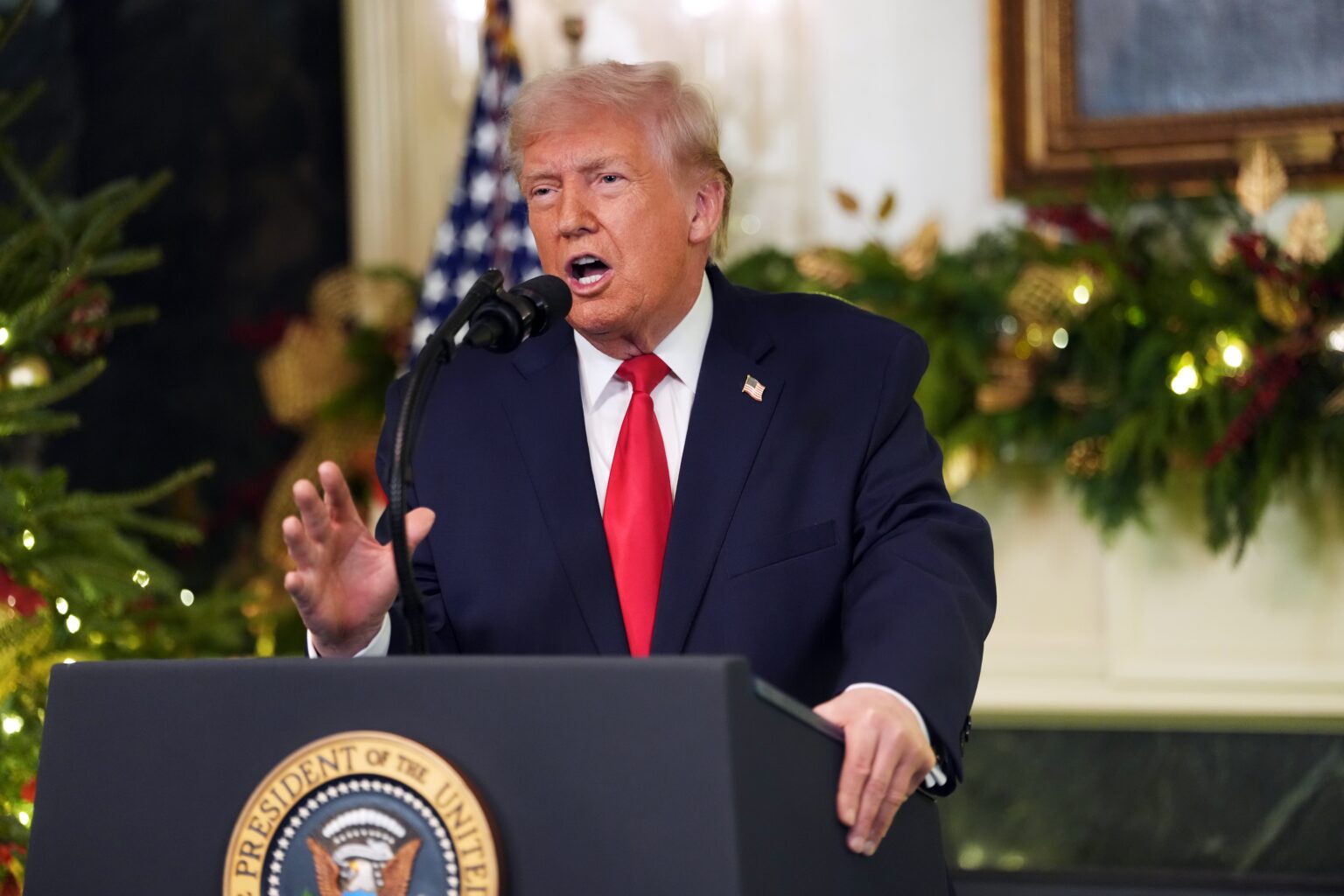 President Donald Trump standing at a campaign-style podium indoors with American flags behind him, captured mid-speech in a news photo