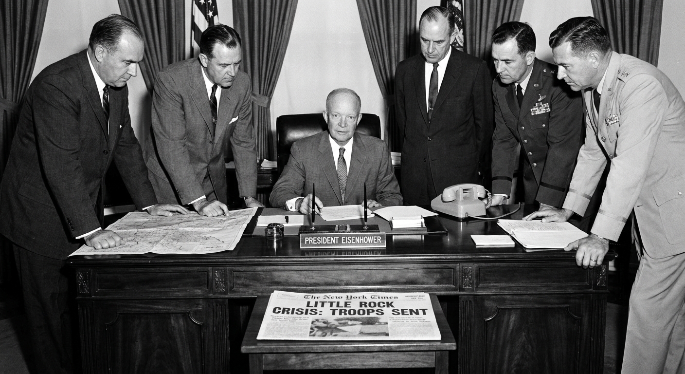 President Dwight D. Eisenhower in a 1957 meeting setting during the Little Rock crisis, seated at a desk with advisors nearby, historical photojournalism style