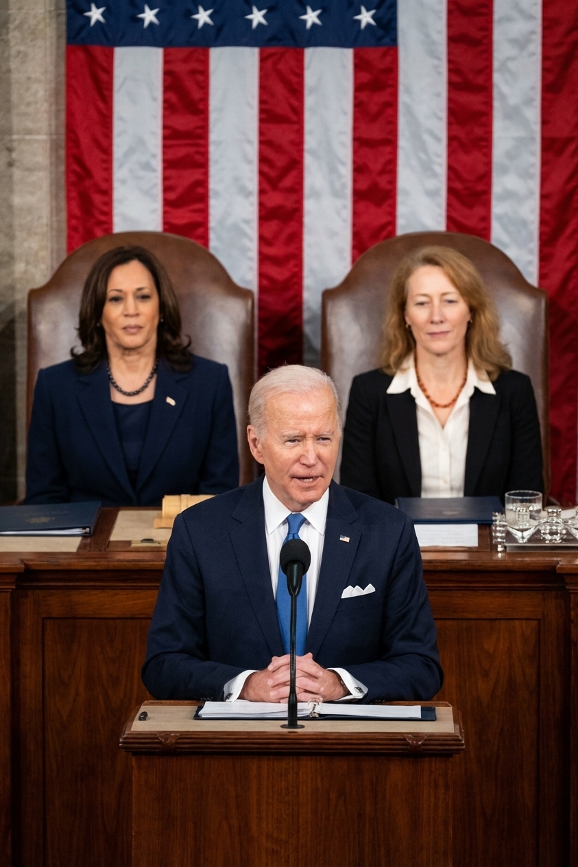 President Joe Biden speaking at the U.S. Capitol during the State of the Union, with the Vice President and Speaker seated behind him, news photography style