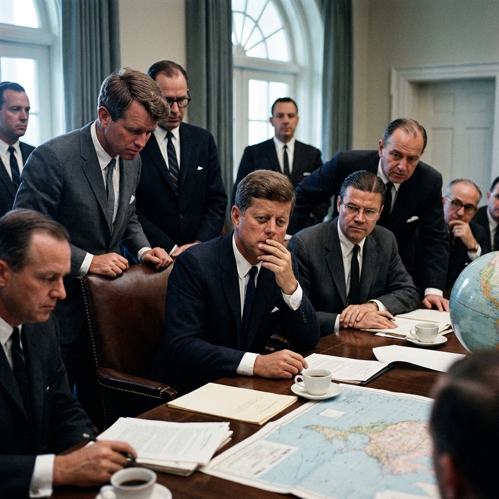 President John F. Kennedy seated with advisers during a tense White House meeting in 1962, documentary photo style