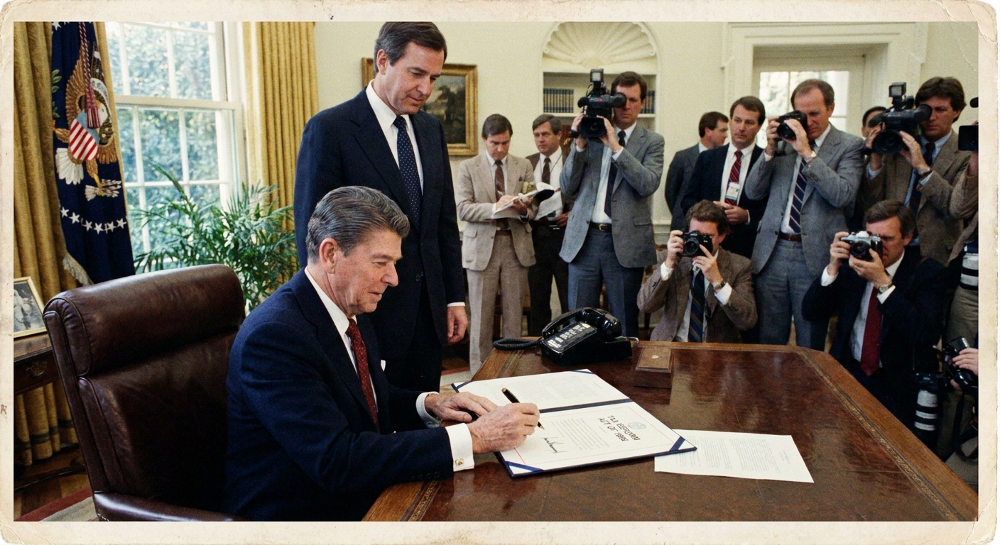President Ronald Reagan seated in the Oval Office holding a pen over a newly signed bill, with an aide standing nearby, news photography style