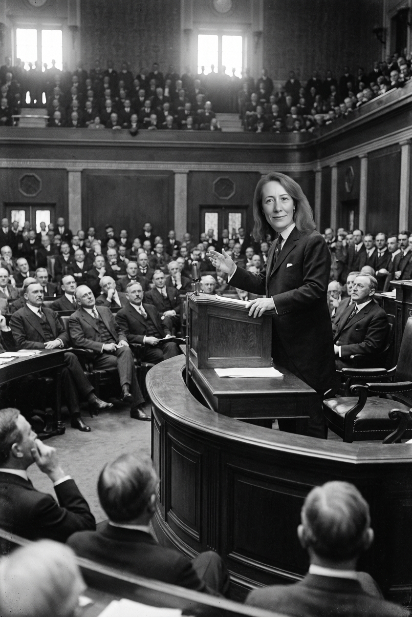 President Woodrow Wilson speaking at a lectern inside the House chamber with members of Congress seated around him, early 20th-century news photo style