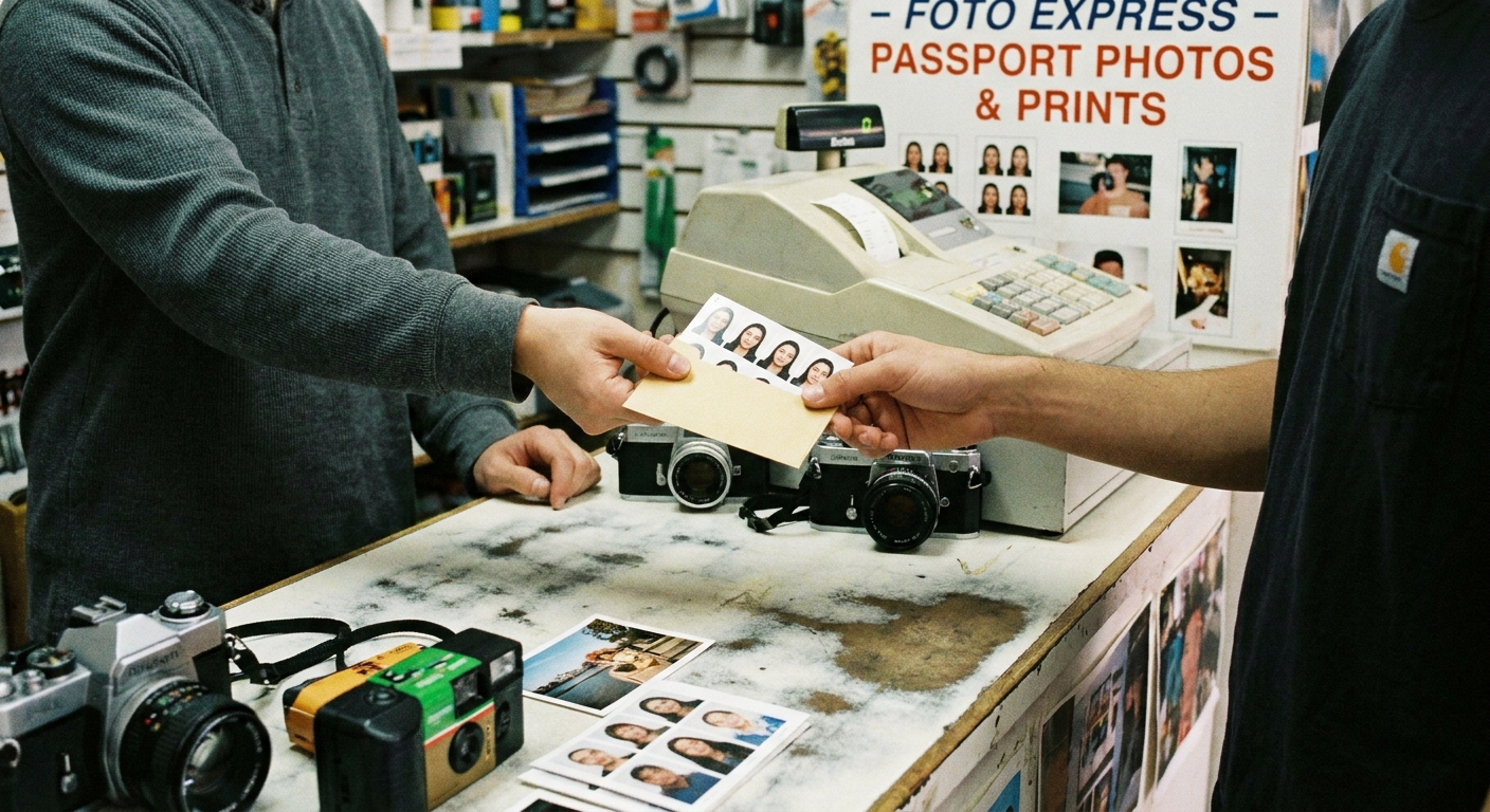 Printed passport photos being handed over at a photo counter