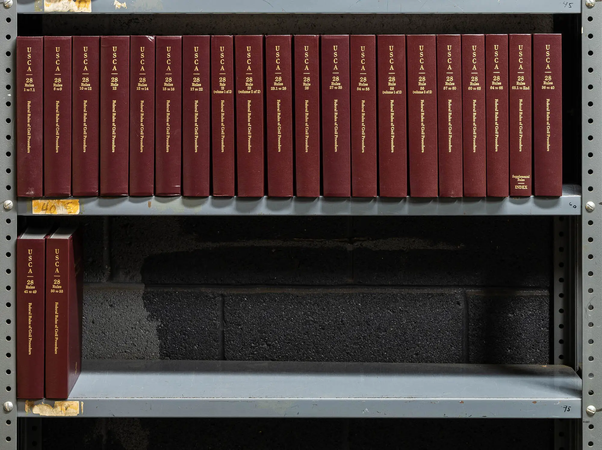 Printed volumes of the United States Code in a law library, including Title 18