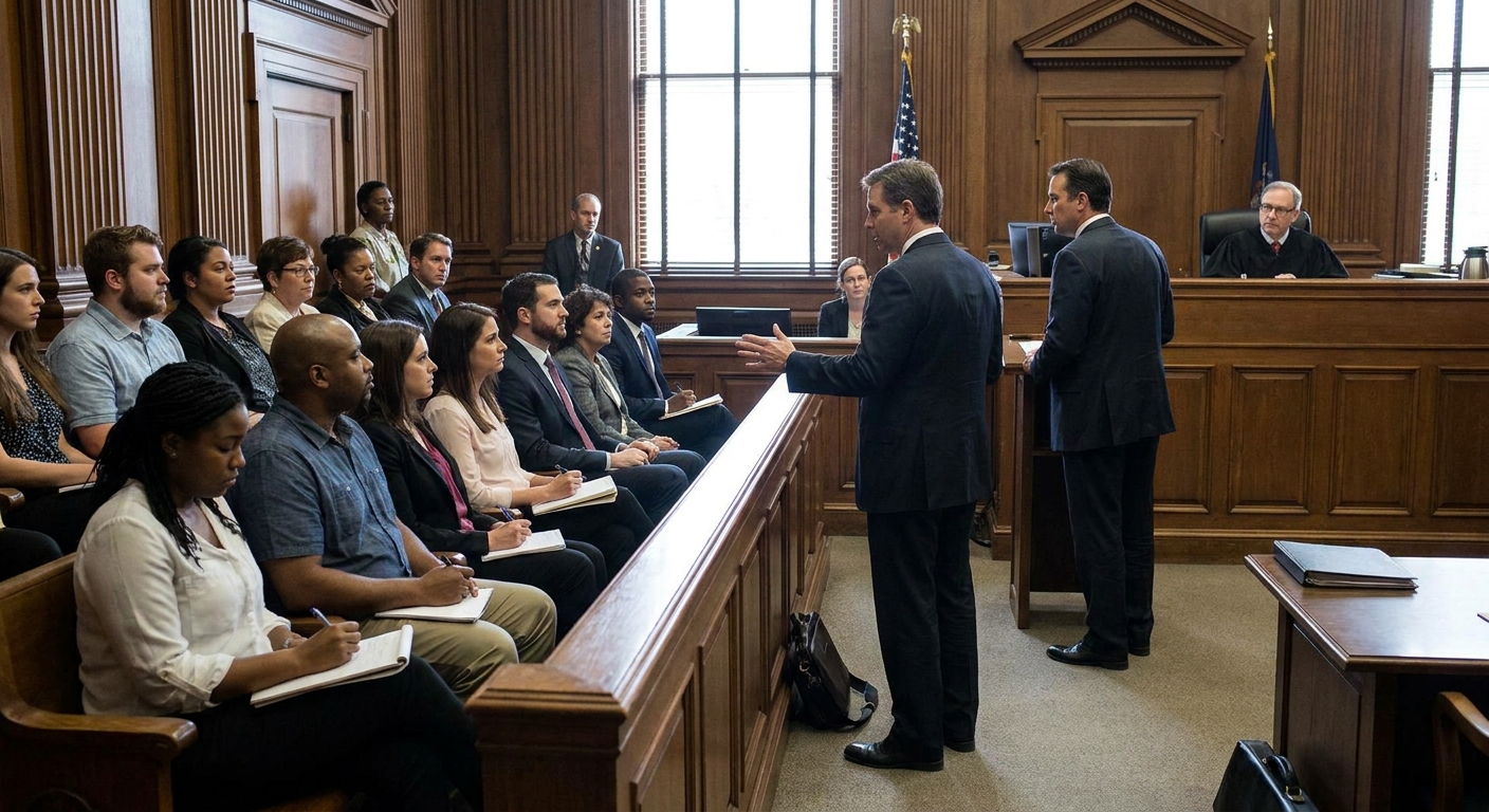 Prospective jurors seated in a courtroom during jury selection, with attorneys addressing the panel and the judge observing from the bench, realistic courtroom photojournalism